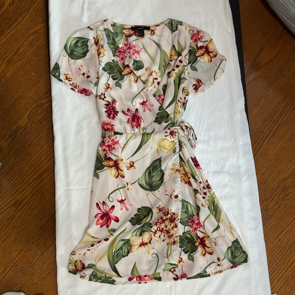 Tropical Flora Print Wrap Ruffled Sundress
